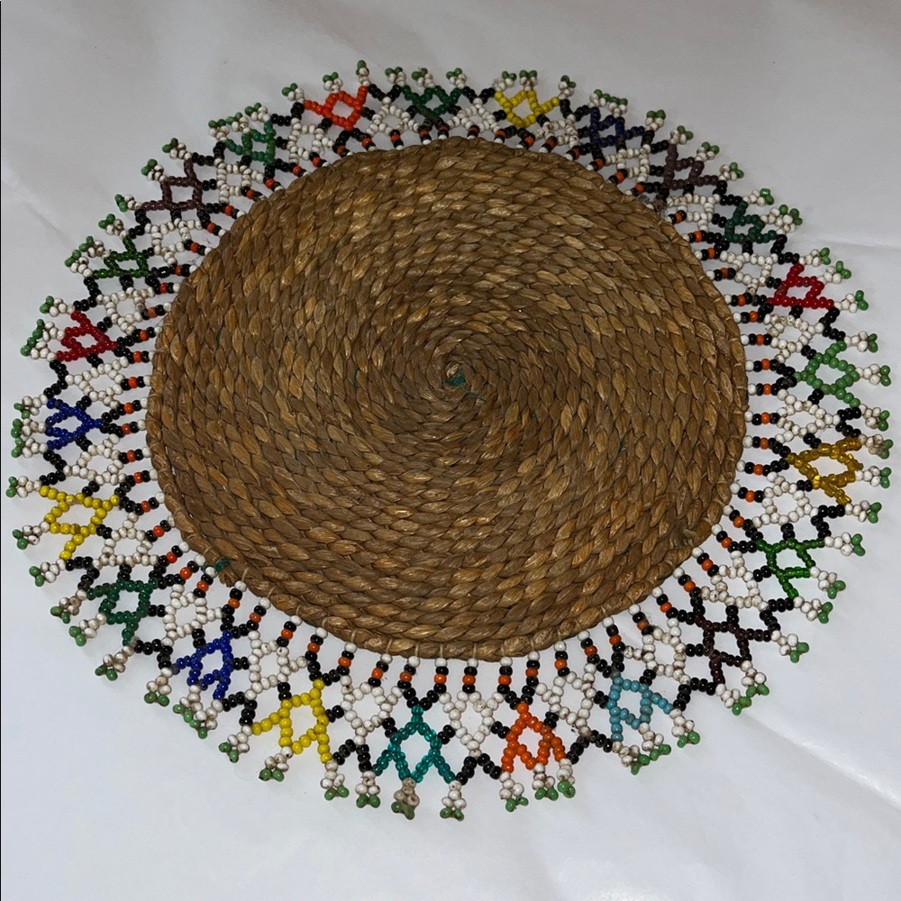 Vintage Native ZULU BEADWORK Handcrafted Woven Placemat with Beaded Edge